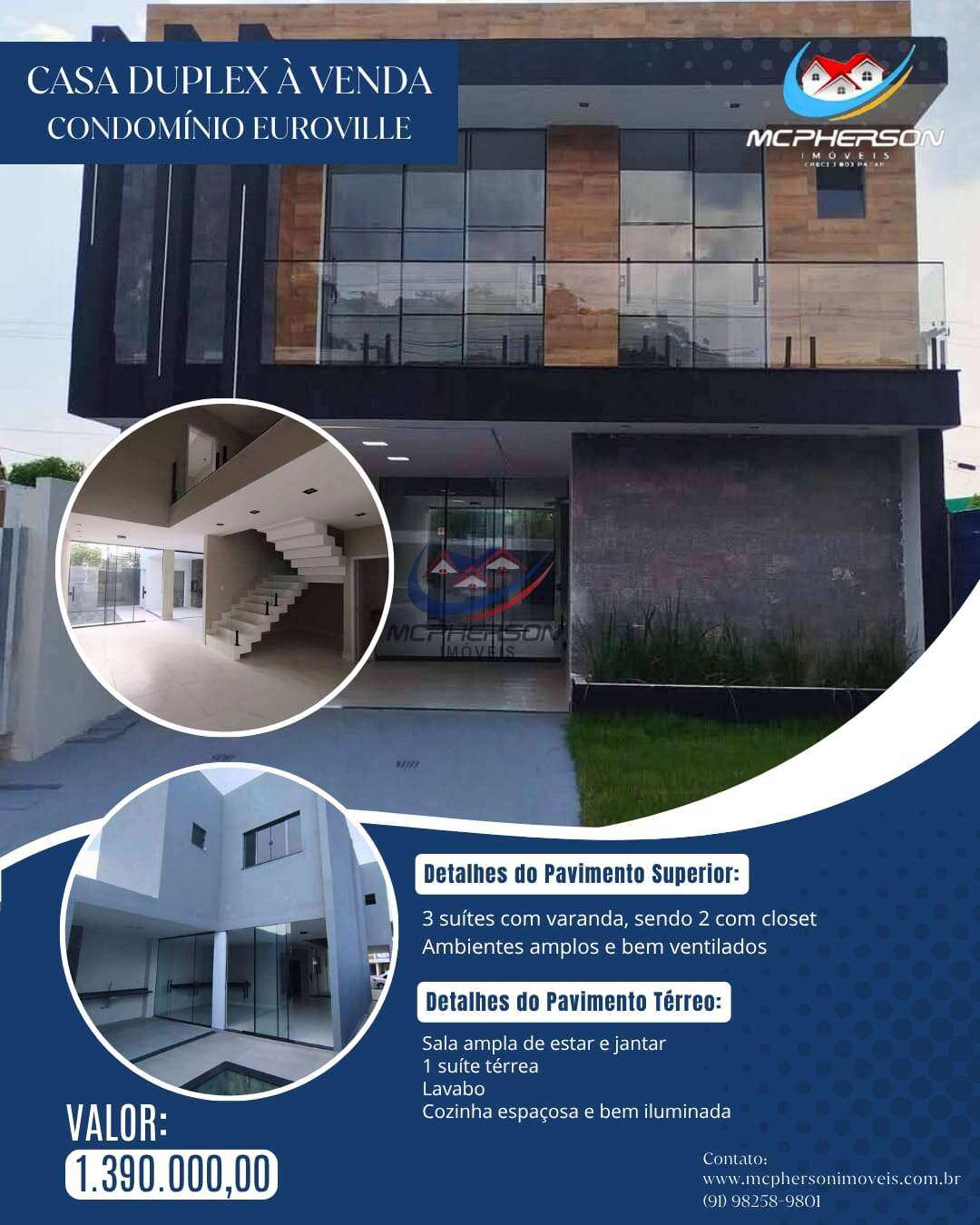 Duplex à venda, no CondominioEuroville  em Ananindeua, Águas Brancas, com 3 quartos - Mcpherson Imóveis